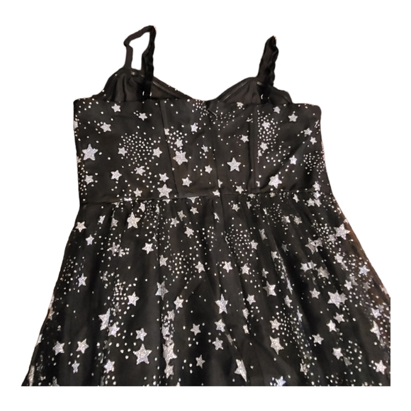 NEW Betsey Johnson Bustier Cup Silver Stars Midi Dress Black Mesh Tiered Size 8 - Picture 9 of 16
